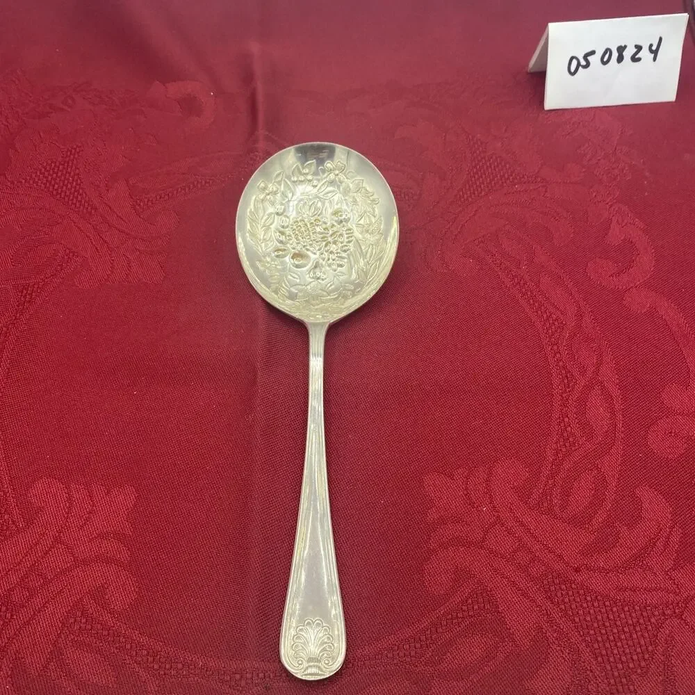 EPNS Sheffield England Serving Spoon with Embossed Fruit Design 8.5”